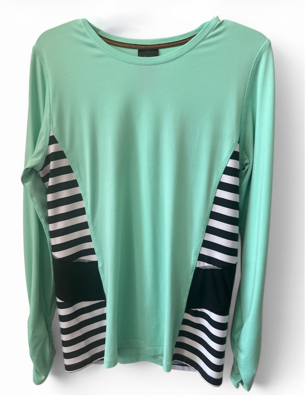 Lukka Lux Turquoise Long-Sleeve Top Black & White Stripe Panels Sz M